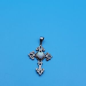 Vintage NF Silver Tone Lab Created Ethiopian Opal Necklace Pendant